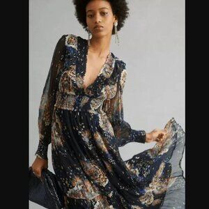 Anthropologie Smocked V-Neck Maxi Dress